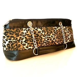 Leopard Print Faux Suede Insulated Lunch Tote Gold Chain Handles